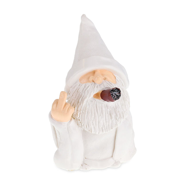 White garden gnome with middle finger