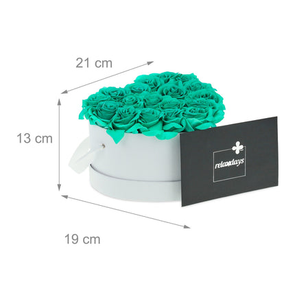 White heart-shaped rose box with 18 roses