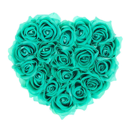 White heart-shaped rose box with 18 roses