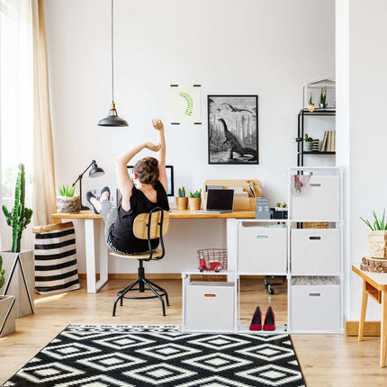 White multi-level shelf with 6 compartments