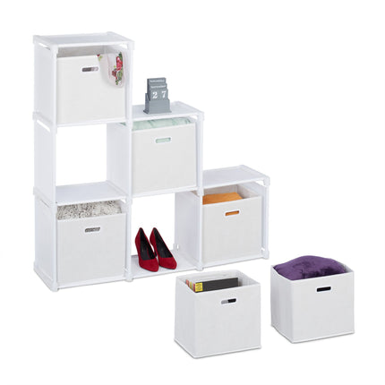 White multi-level shelf with 6 compartments