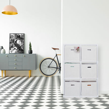 White multi-level shelf with 6 compartments