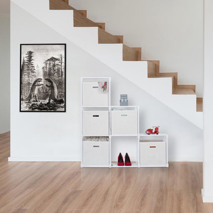 White multi-level shelf with 6 compartments