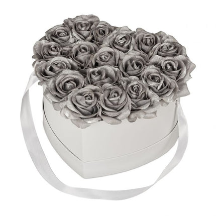 White rose box with 18 silver roses