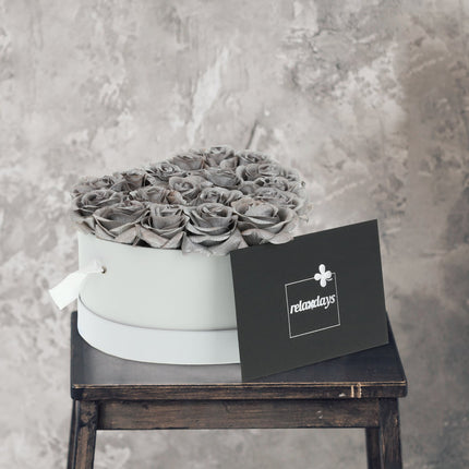 White rose box with 18 silver roses