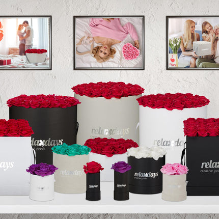 White rose box with 18 silver roses