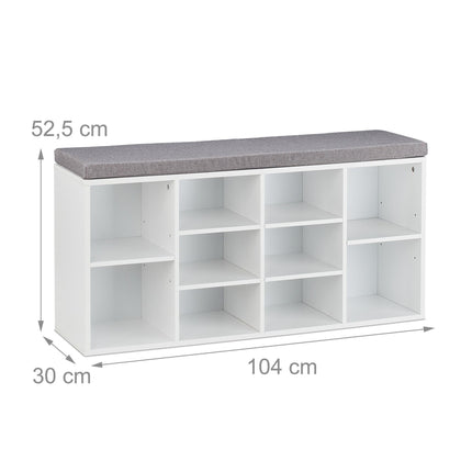 White shoe bench with 10 compartments