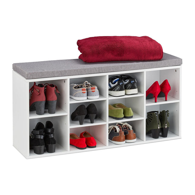 White shoe bench with 10 compartments