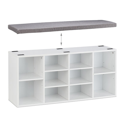 White shoe bench with 10 compartments