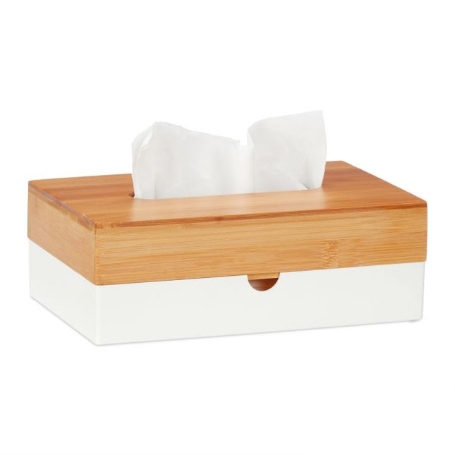 White tissue box with bamboo lid
