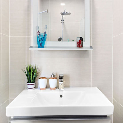 White wall mirror with shelf