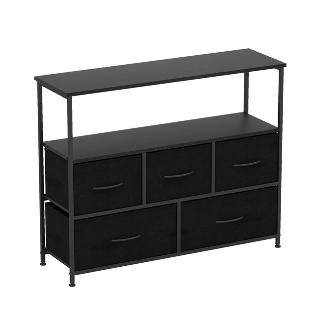 Wide Black Dresser with 5 Drawers & 2 Open Shelves