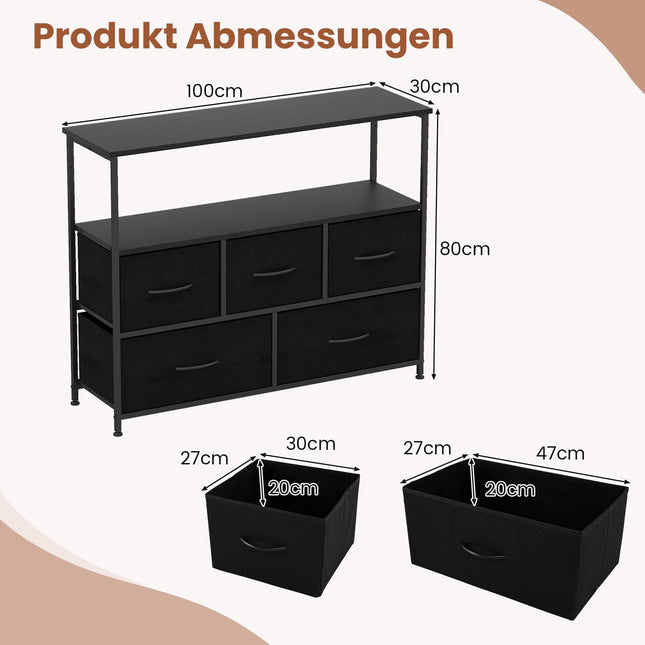 Wide Black Dresser with 5 Drawers & 2 Open Shelves