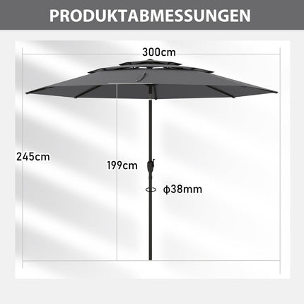 Wind-Resistant Patio Umbrella, 300 cm, Crank Tilt, Grey