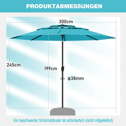Wind-Resistant Patio Umbrella, 300 cm, Turquoise