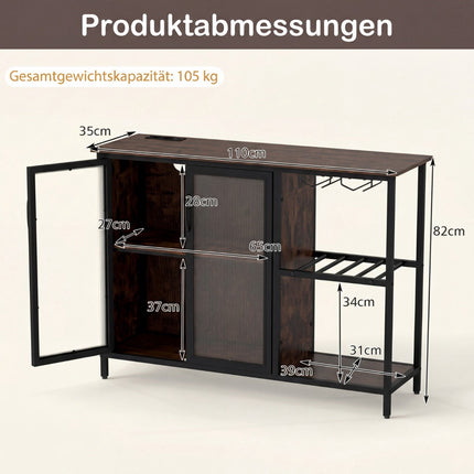 Wine Cabinet with LED Lighting, Glass Holder, and Charging Ports