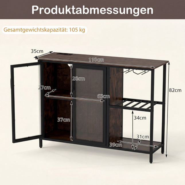 Wine Cabinet with LED Lighting, Glass Holder, and Charging Ports
