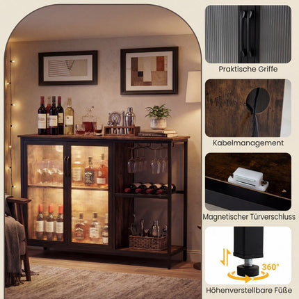 Wine Cabinet with LED Lighting, Glass Holder, and Charging Ports