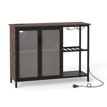 Wine Cabinet with LED Lighting, Glass Holder, and Charging Ports