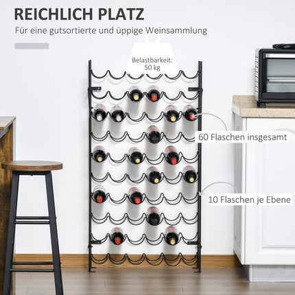 Wall mountable wine rack in black metal for 60 bottles
