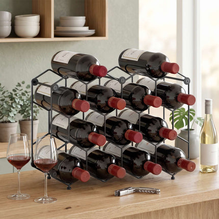 Wine Rack for 13 Bottles, Metal, Adjustable Feet, Black