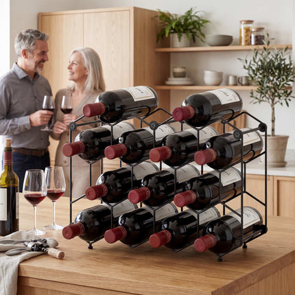 Wine Rack for 13 Bottles, Metal, Adjustable Feet, Black