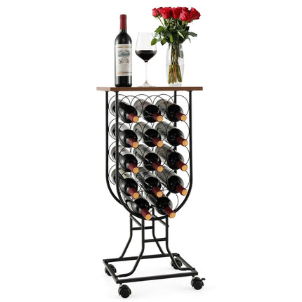 Wine Rack for 14 Bottles with Lockable Wheels, Metal Frame