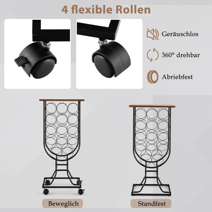 Wine Rack for 14 Bottles with Lockable Wheels, Metal Frame