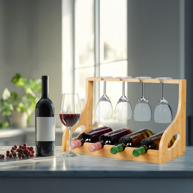 Wine Rack with Glass Holder for 4 Bottles