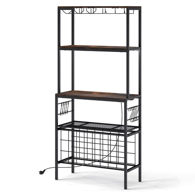 Wine Rack with Outlet, Glass & Cup Holders, 8 Hooks