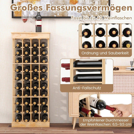 Wine rack made of solid wood for 40 bottles with anti-tip protection, wine holder, natural