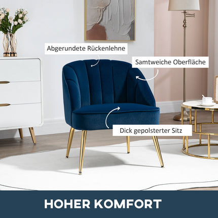 Dark blue Velvet-Look Armchair, Steel legs, 65x64x77 cm