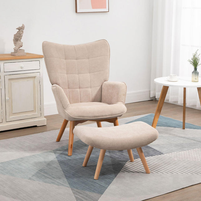 Manchester Lounge Wing Chair with Ottoman, beige upholstery