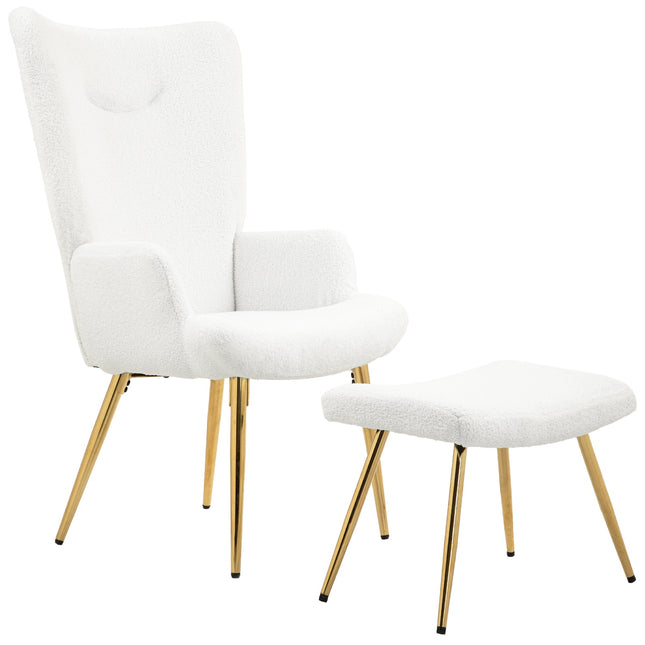White Wing Chair with Stool - Sherpa Cover, High Back