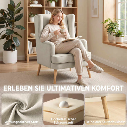 Wingback Accent Chair, Linen-Look Beige, Lumbar Pillow
