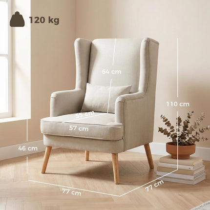 Wingback Accent Chair, Linen-Look Beige, Lumbar Pillow