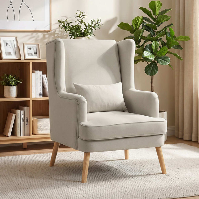 Wingback Accent Chair, Linen-Look Beige, Lumbar Pillow