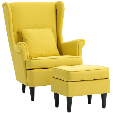 Wingback Armchair with Ottoman, Yellow Linen-Look