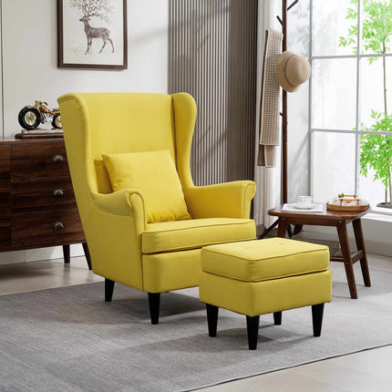 Wingback Armchair with Ottoman, Yellow Linen-Look