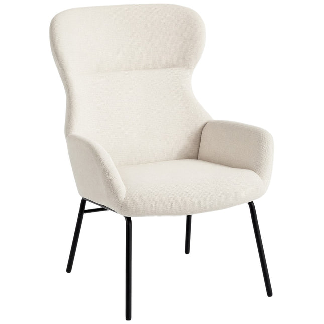 Wingback stoel, hoge rugleuning, dik kussen, stalen poten, crème