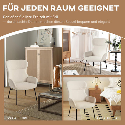Wingback Chair, High Back, Thick Cushion, Steel Legs, Cream