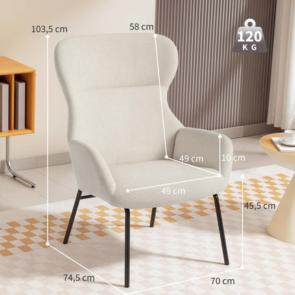 Wingback Chair, High Back, Thick Cushion, Steel Legs, Cream