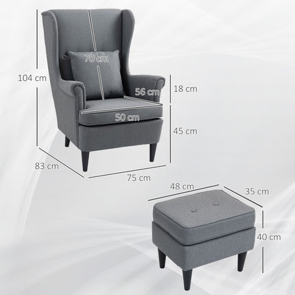 Wingback Chair with Ottoman, Gray Fabric, Rubberwood Legs
