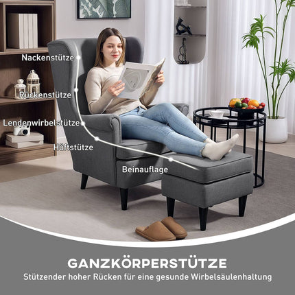 Wingback Chair with Ottoman, Gray Fabric, Rubberwood Legs