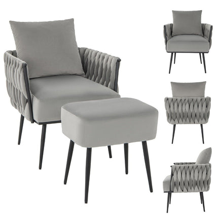 Wing chair with stool armchair with soft cushion braided backrest 58 cm seat depth gray