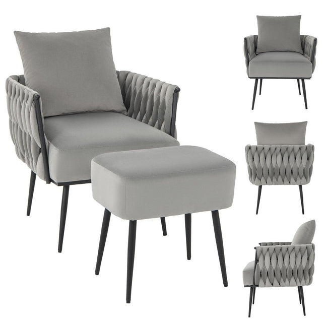 Wing chair with stool armchair with soft cushion braided backrest 58 cm seat depth gray