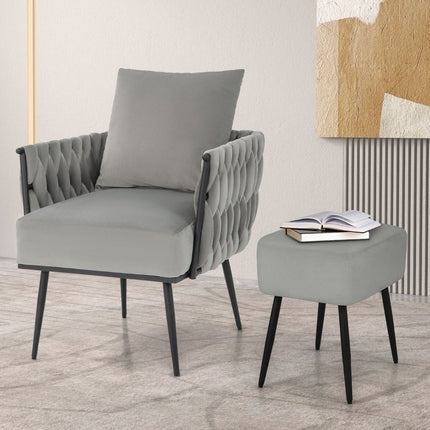 Wing chair with stool armchair with soft cushion braided backrest 58 cm seat depth gray