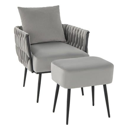 Wing chair with stool armchair with soft cushion braided backrest 58 cm seat depth gray