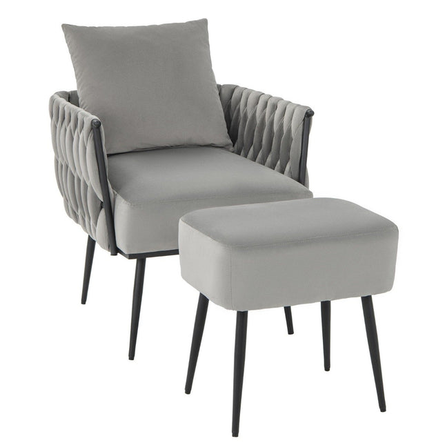 Wing chair with stool armchair with soft cushion braided backrest 58 cm seat depth gray