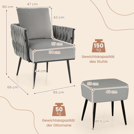 Wing chair with stool armchair with soft cushion braided backrest 58 cm seat depth gray